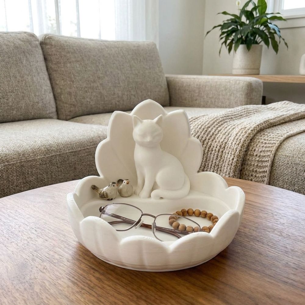 3D Printer Stand - かわいい蓮の花の形をした猫のジュエリー収納トレイ、3Dプリント製の蓮の花型コスメ収納皿、安定した底面のプラスチック製キーホルダー、バスルーム用