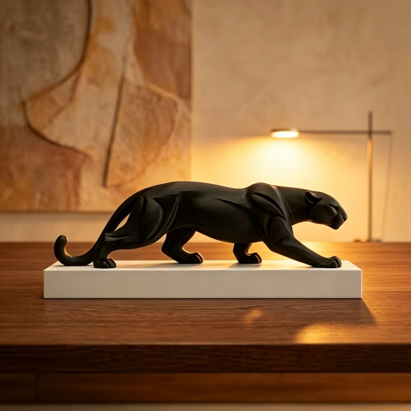 3D Printer Stand - 2026年最新3Dプリント製抽象的な黒豹像、白い台座付き、ミニマリストの動物彫刻、オフィスデスクトップ装飾オーナメント